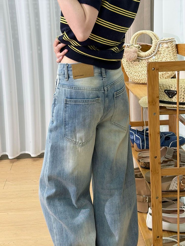 小個子復古竹節紋彎刀牛仔褲女新款夏季高腰寬松直筒闊腿長褲