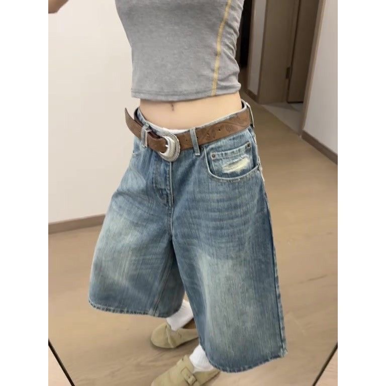 小個子美式復古水洗直筒牛仔短褲女夏季高腰闊腿寬松顯瘦七分中褲