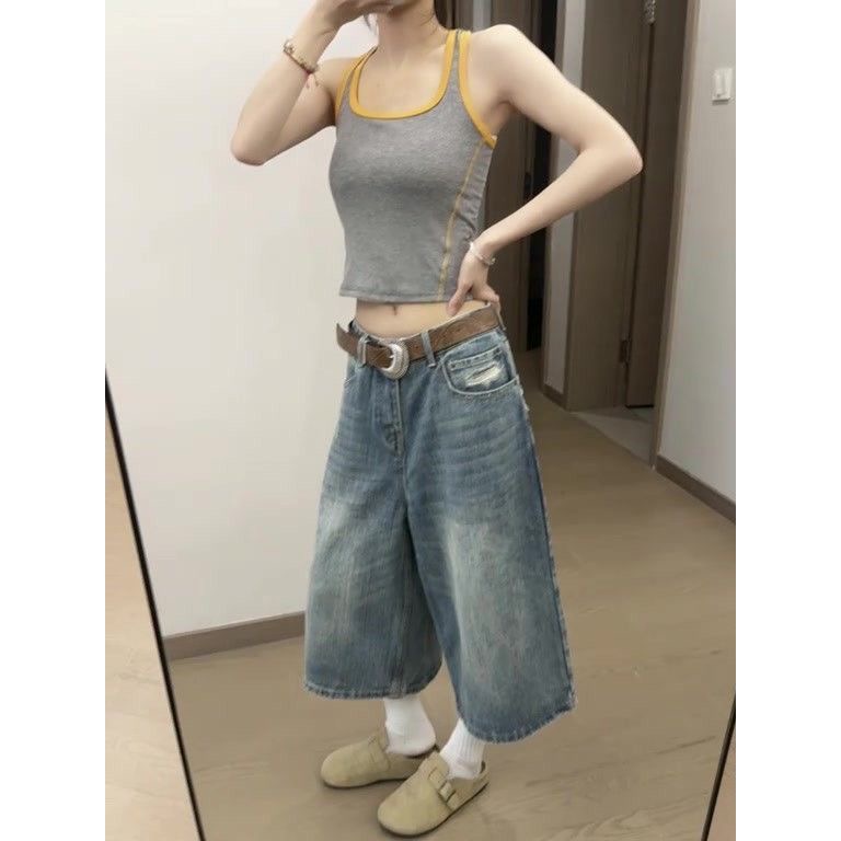 小個子美式復古水洗直筒牛仔短褲女夏季高腰闊腿寬松顯瘦七分中褲