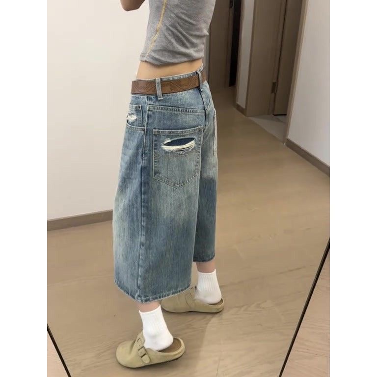 小個子美式復古水洗直筒牛仔短褲女夏季高腰闊腿寬松顯瘦七分中褲