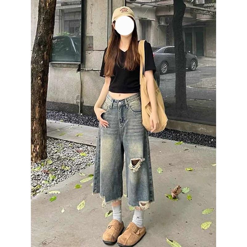 小個子美式直筒破洞牛仔短褲女夏季高街闊腿寬松顯瘦百搭七分中褲