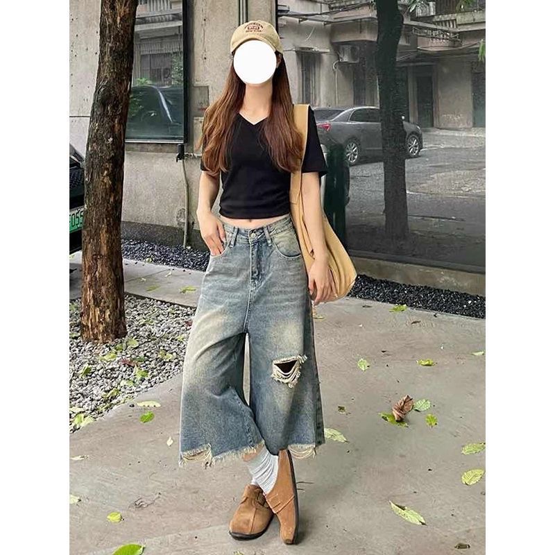 小個子美式直筒破洞牛仔短褲女夏季高街闊腿寬松顯瘦百搭七分中褲