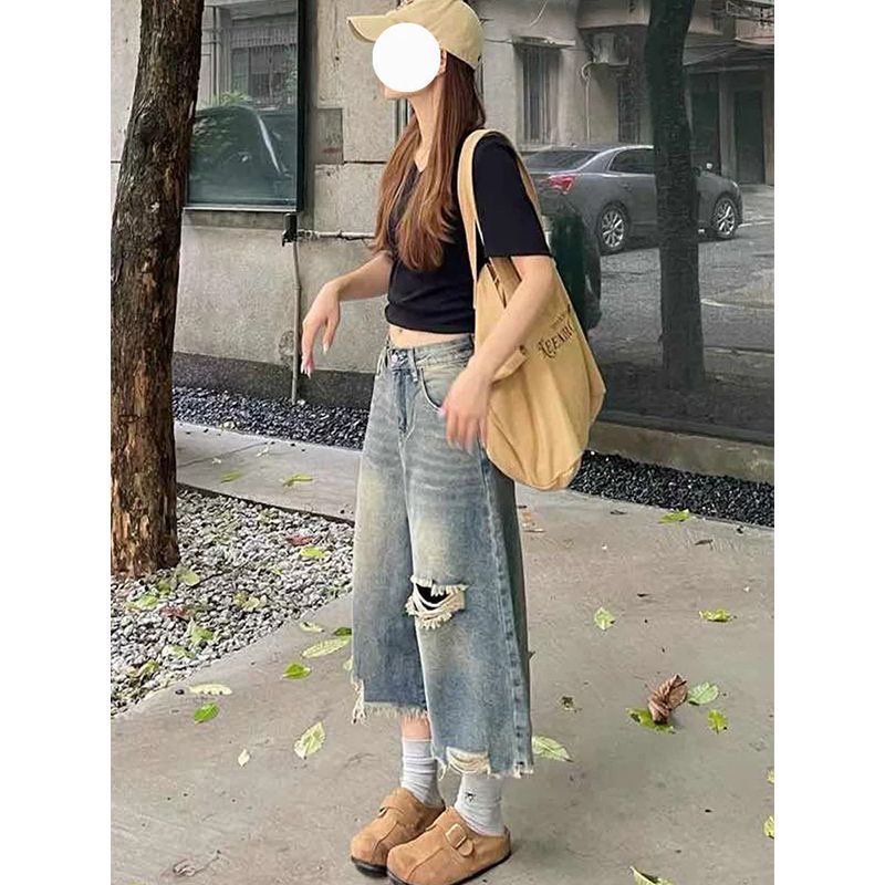 小個子美式直筒破洞牛仔短褲女夏季高街闊腿寬松顯瘦百搭七分中褲