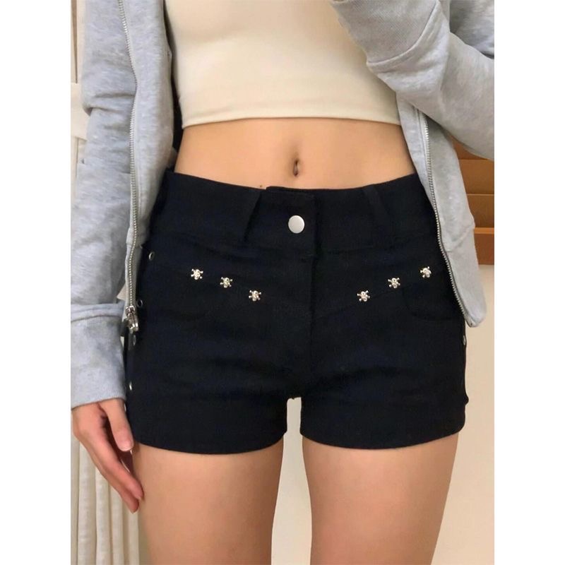 小個子美式辣妹黑色鉚釘低腰牛仔短褲女夏季緊身顯瘦包臀超短熱褲