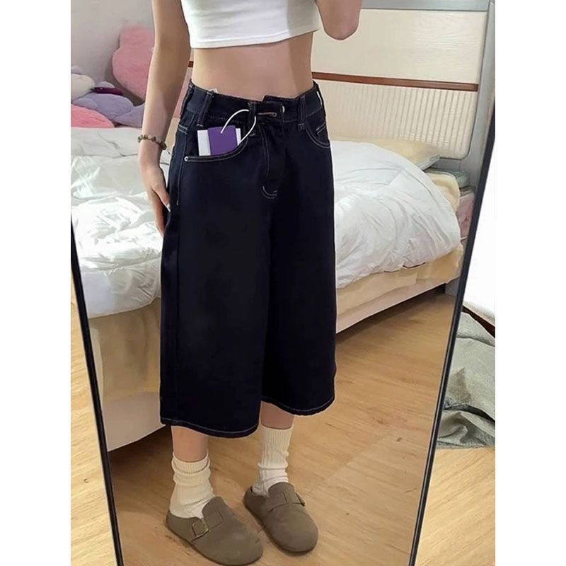 小個子深藍色闊腿七分牛仔短褲女夏季新款高腰寬松顯瘦直筒中褲子