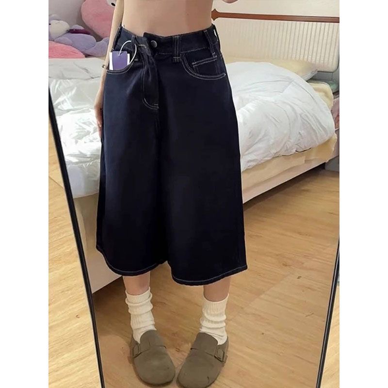 小個子深藍色闊腿七分牛仔短褲女夏季新款高腰寬松顯瘦直筒中褲子