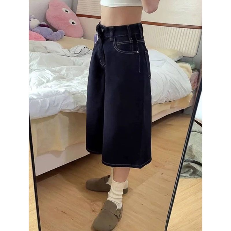 小個子深藍色闊腿七分牛仔短褲女夏季新款高腰寬松顯瘦直筒中褲子