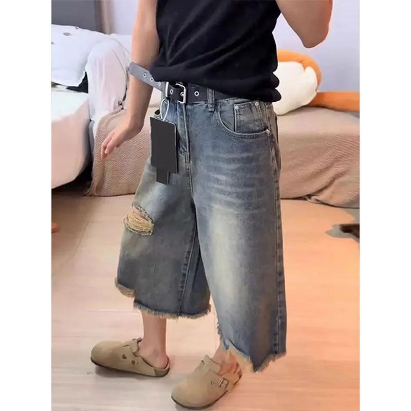 小個子美式直筒破洞牛仔短褲女夏季高街闊腿寬松顯瘦百搭七分中褲