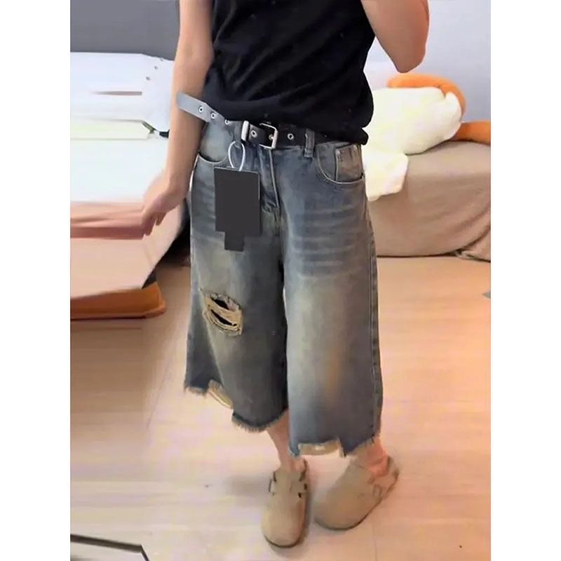 小個子美式直筒破洞牛仔短褲女夏季高街闊腿寬松顯瘦百搭七分中褲