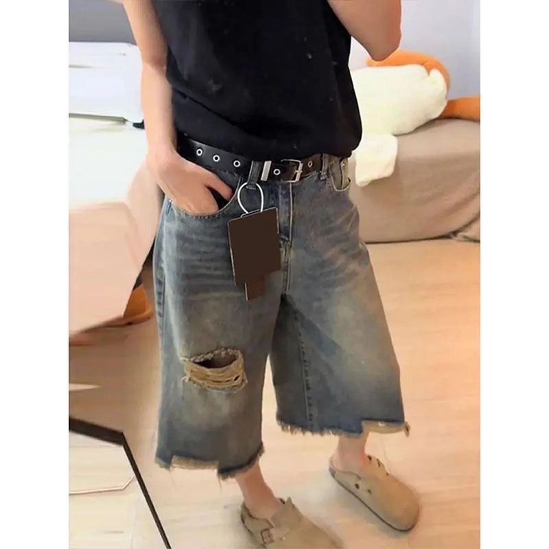 小個子美式直筒破洞牛仔短褲女夏季高街闊腿寬松顯瘦百搭七分中褲