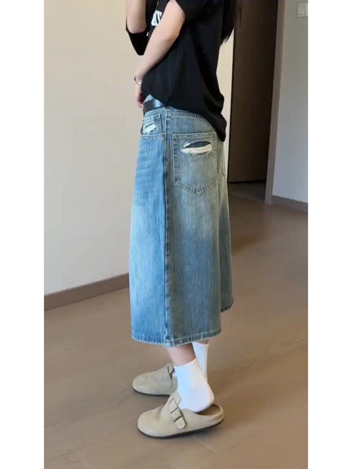 小個子美式復古水洗直筒牛仔短褲女夏季高腰闊腿寬松顯瘦七分中褲