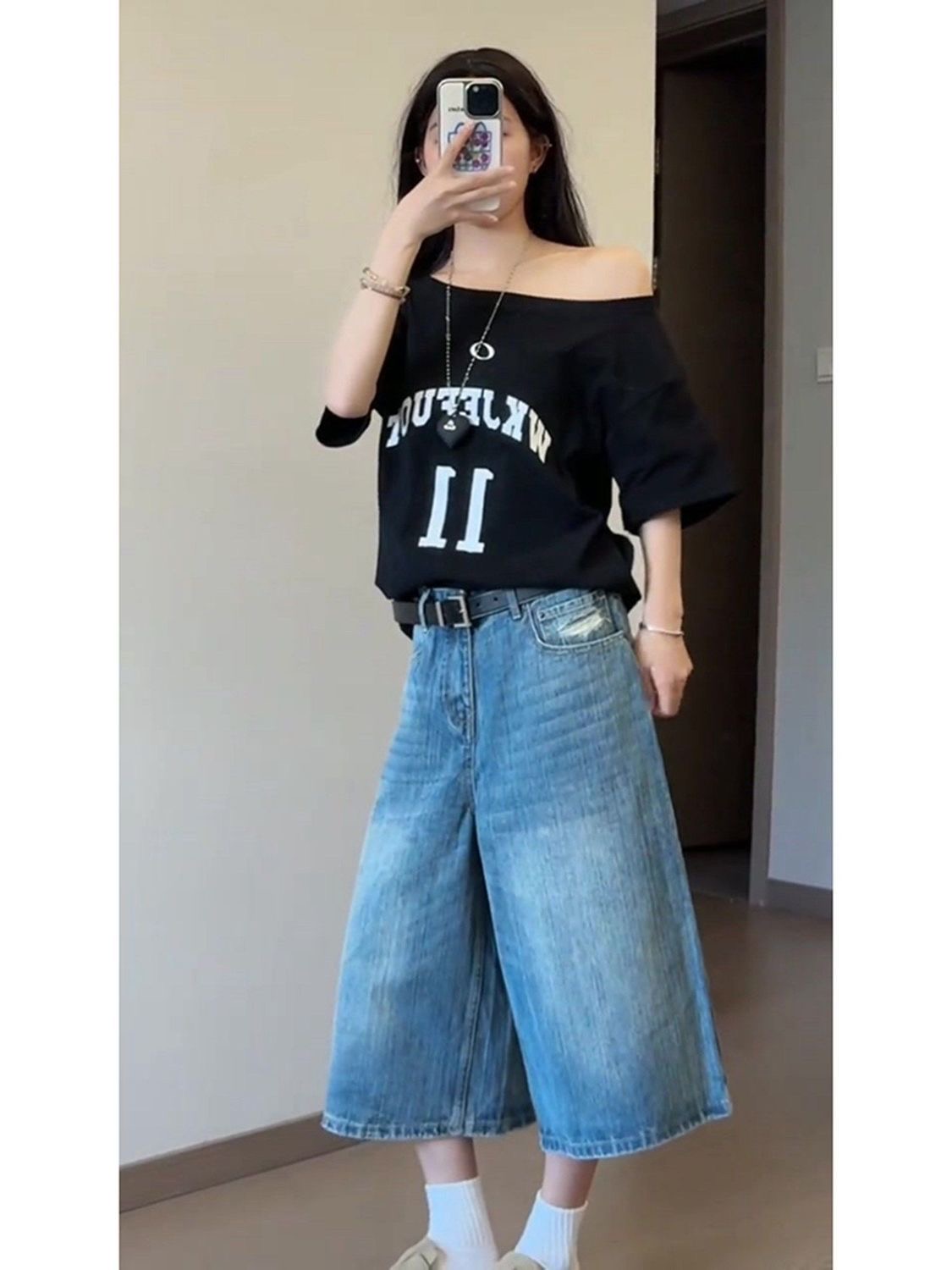 小個子美式復古水洗直筒牛仔短褲女夏季高腰闊腿寬松顯瘦七分中褲