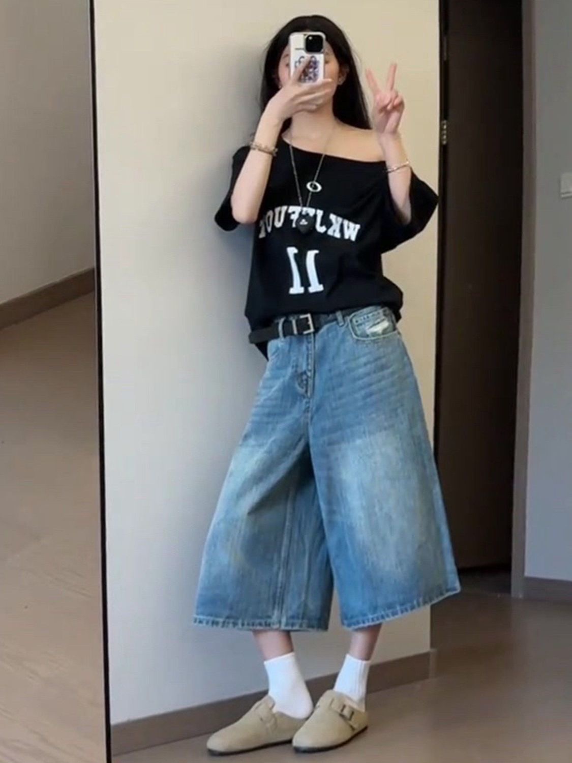 小個子美式復古水洗直筒牛仔短褲女夏季高腰闊腿寬松顯瘦七分中褲