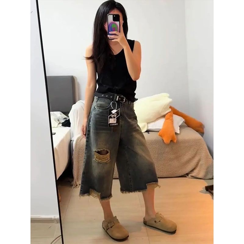 小個子美式直筒破洞牛仔短褲女夏季高街闊腿寬松顯瘦百搭七分中褲
