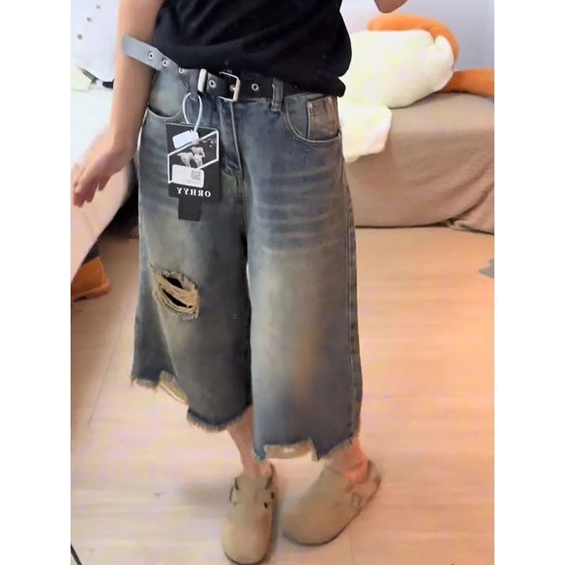 小個子美式直筒破洞牛仔短褲女夏季高街闊腿寬松顯瘦百搭七分中褲