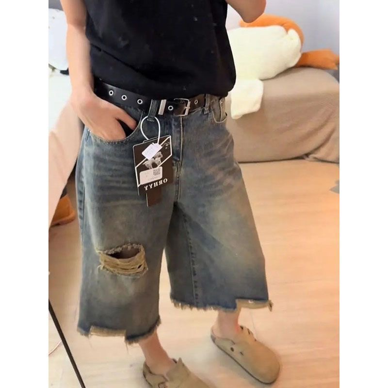 小個子美式直筒破洞牛仔短褲女夏季高街闊腿寬松顯瘦百搭七分中褲