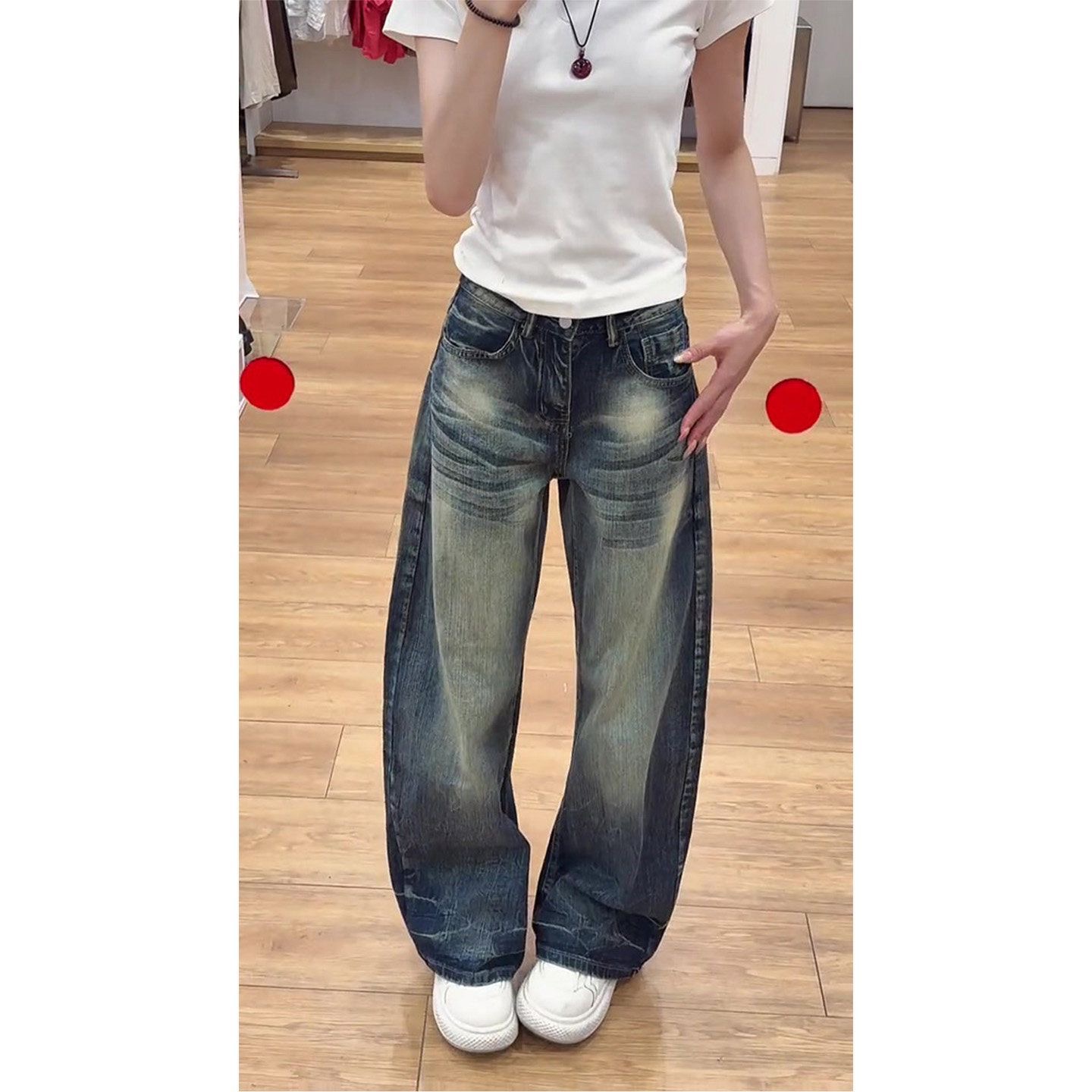 小個子美式高街復古水洗做舊牛仔褲女高腰寬松顯瘦闊腿彎刀褲