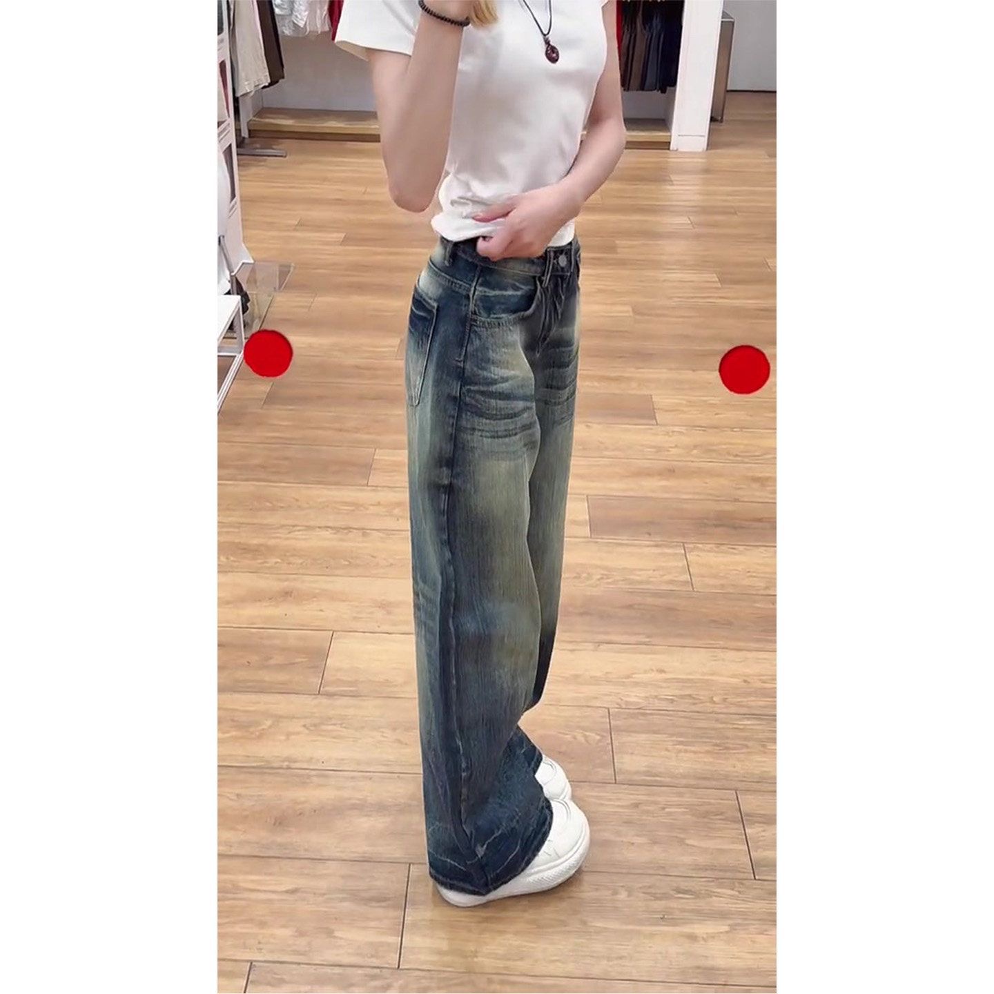 小個子美式高街復古水洗做舊牛仔褲女高腰寬松顯瘦闊腿彎刀褲