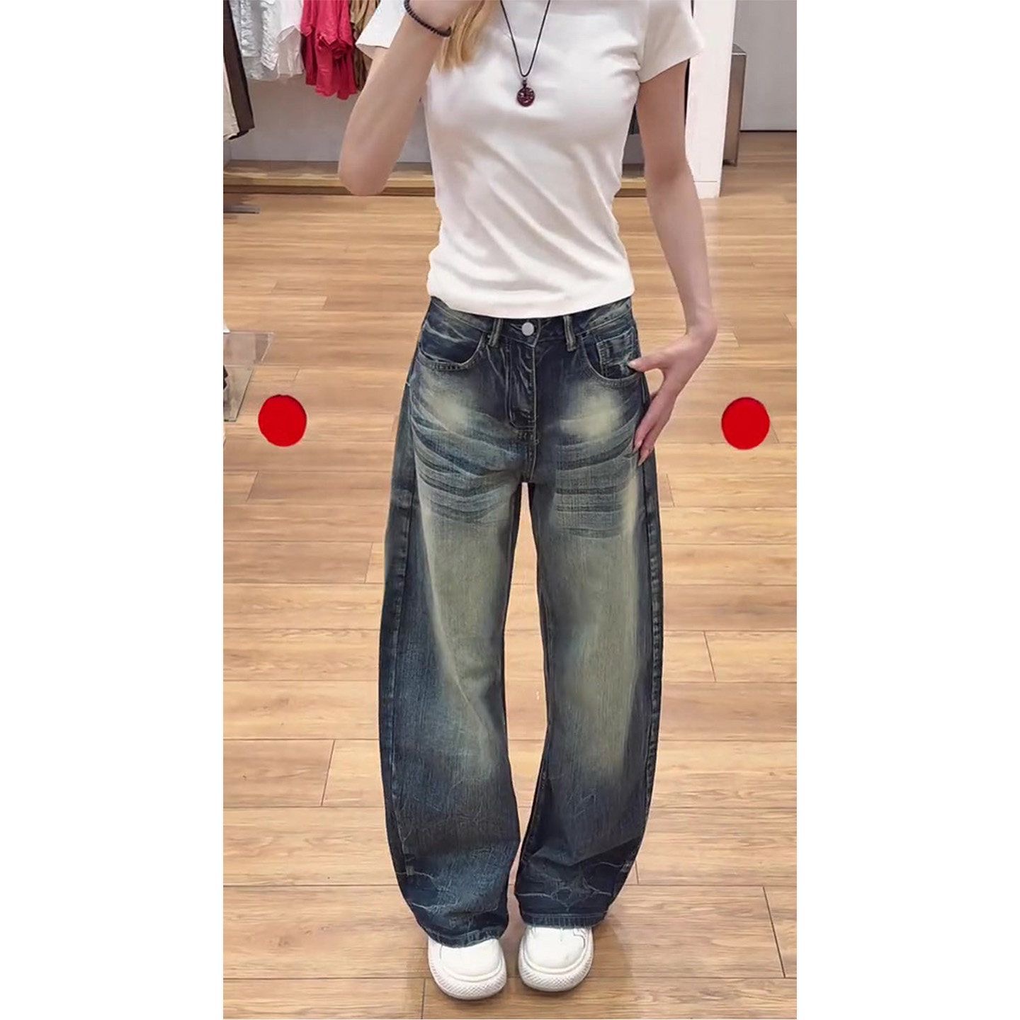 小個子美式高街復古水洗做舊牛仔褲女高腰寬松顯瘦闊腿彎刀褲