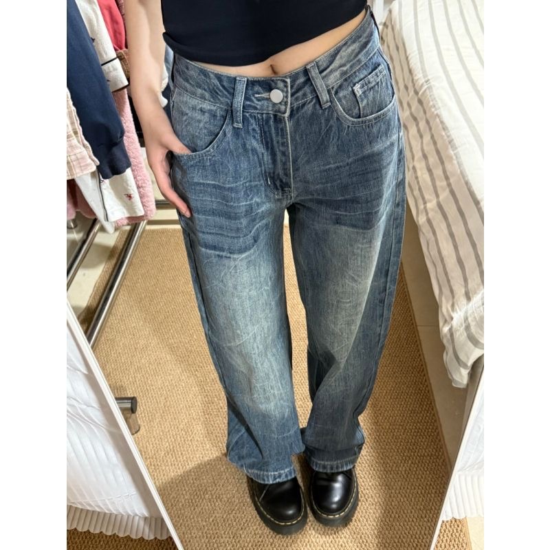 小個子美式復古小眾設計感闊腿牛仔褲女低腰寬松顯瘦直筒拖地長褲