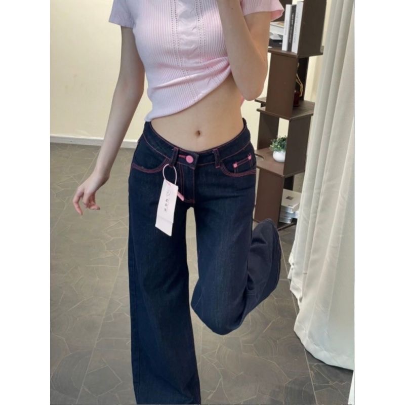 小個子美式辣妹撞色低腰闊腿牛仔褲女直筒寬松顯瘦垂感拖地褲子