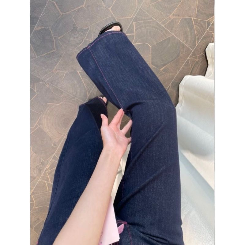 小個子美式辣妹撞色低腰闊腿牛仔褲女直筒寬松顯瘦垂感拖地褲子