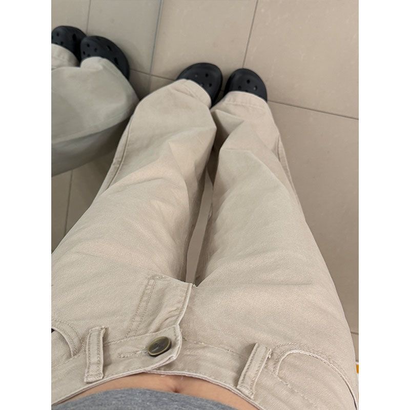小個子美式杏色休閑低腰闊腿牛仔褲女夏季新款寬松顯瘦直筒拖地褲