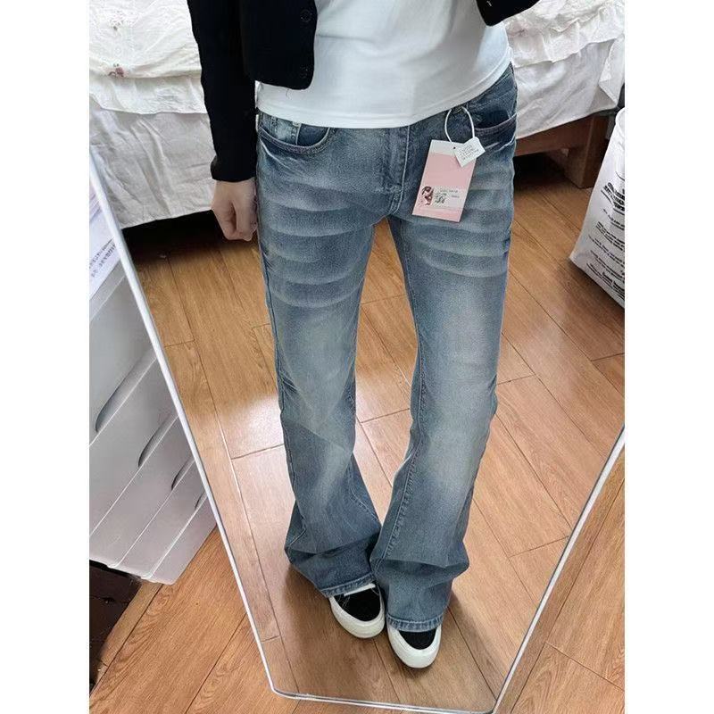 小個子美式復古水洗窄版直筒牛仔褲女低腰修身顯瘦百搭微喇褲