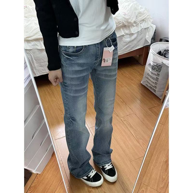小個子美式復古水洗窄版直筒牛仔褲女低腰修身顯瘦百搭微喇褲