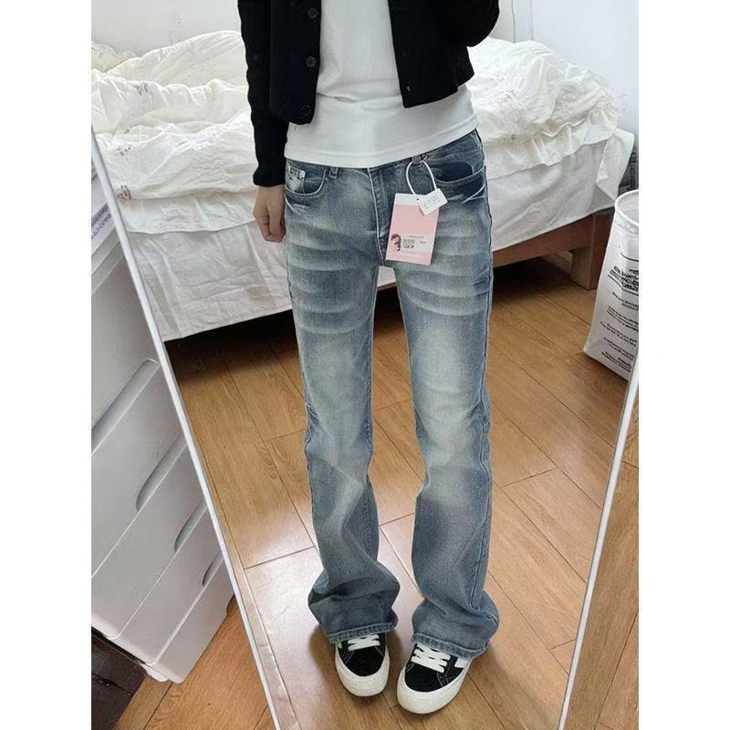 小個子美式復古水洗窄版直筒牛仔褲女低腰修身顯瘦百搭微喇褲
