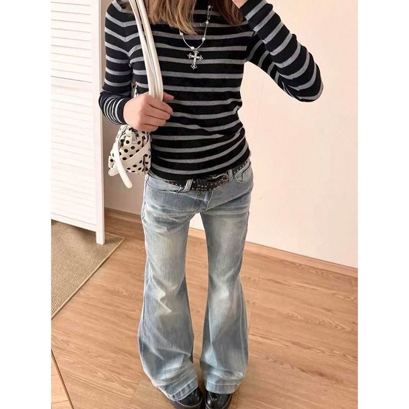 小個子美式設計感折痕水洗微喇牛仔褲女低腰不貼腿顯瘦直筒喇叭褲