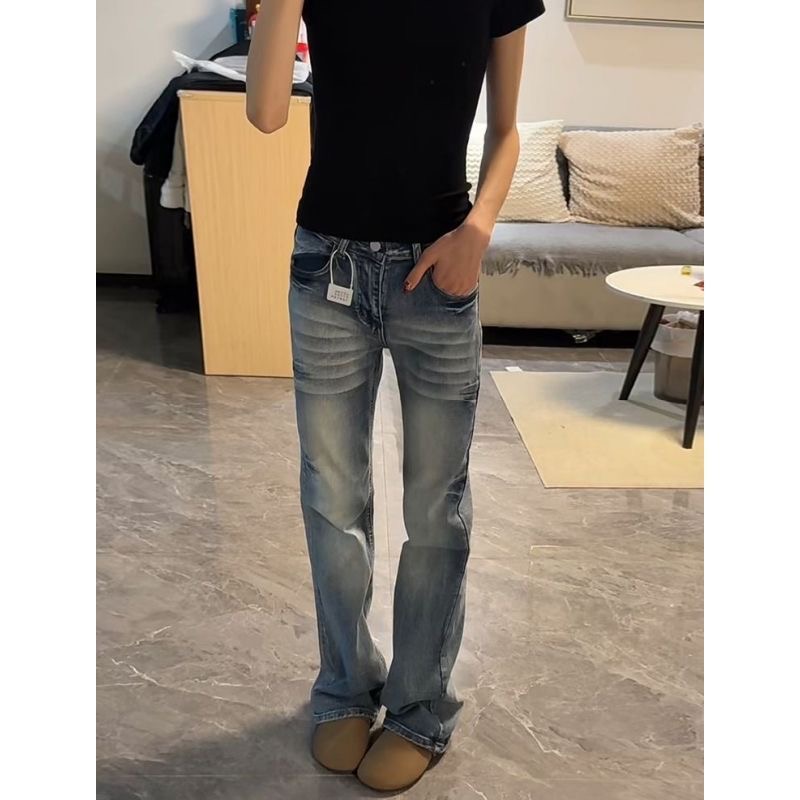 小個子美式復古水洗窄版直筒牛仔褲女低腰修身顯瘦百搭微喇褲