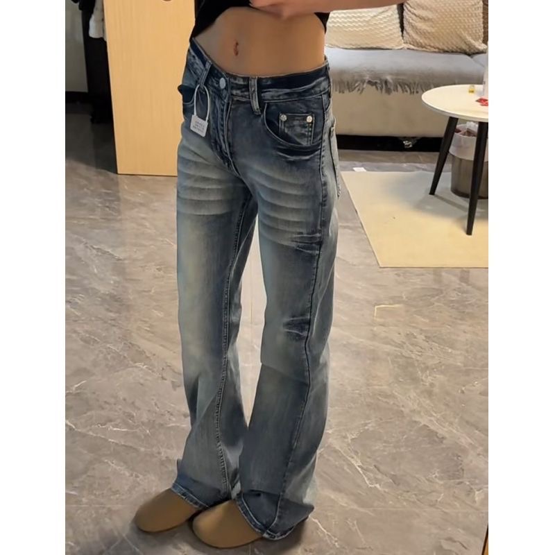小個子美式復古水洗窄版直筒牛仔褲女低腰修身顯瘦百搭微喇褲