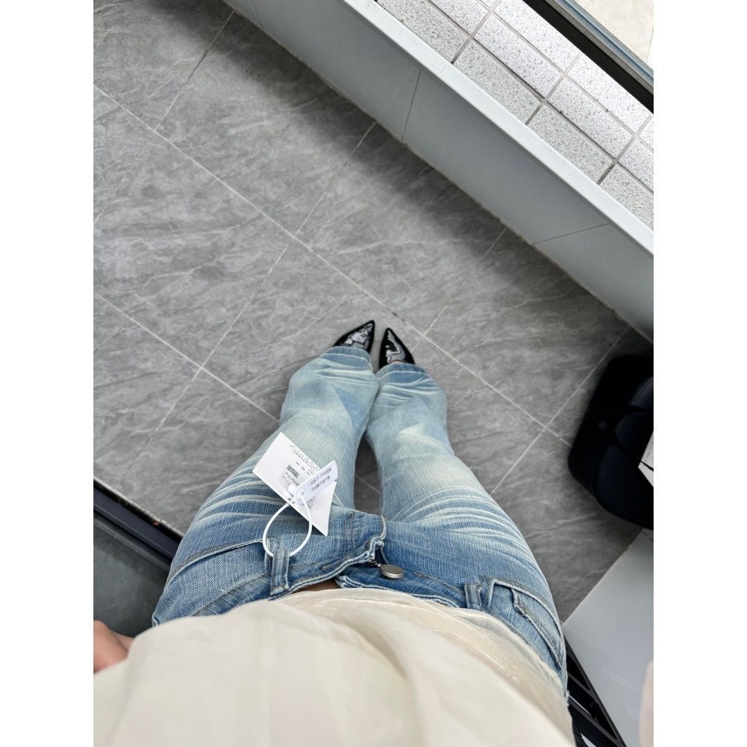 小個子美式設計感折痕水洗微喇牛仔褲女低腰不貼腿顯瘦直筒喇叭褲