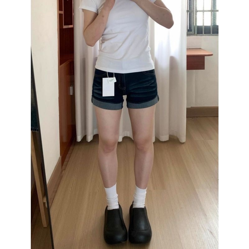 小個子辣妹高腰顯瘦牛仔超短褲女夏季新款深藍色設計感卷邊熱褲子