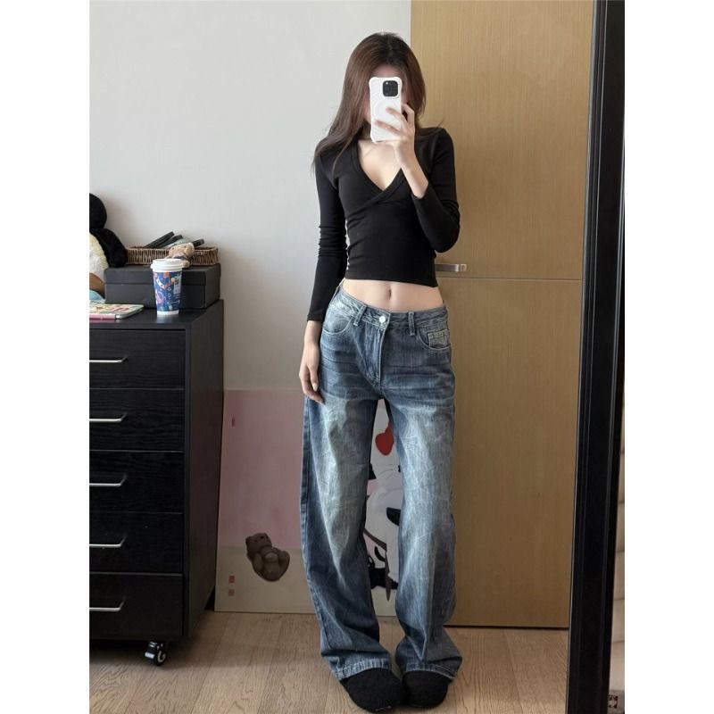小個子美式復古小眾設計感闊腿牛仔褲女低腰寬松顯瘦直筒拖地長褲
