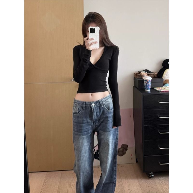 小個子美式復古小眾設計感闊腿牛仔褲女低腰寬松顯瘦直筒拖地長褲