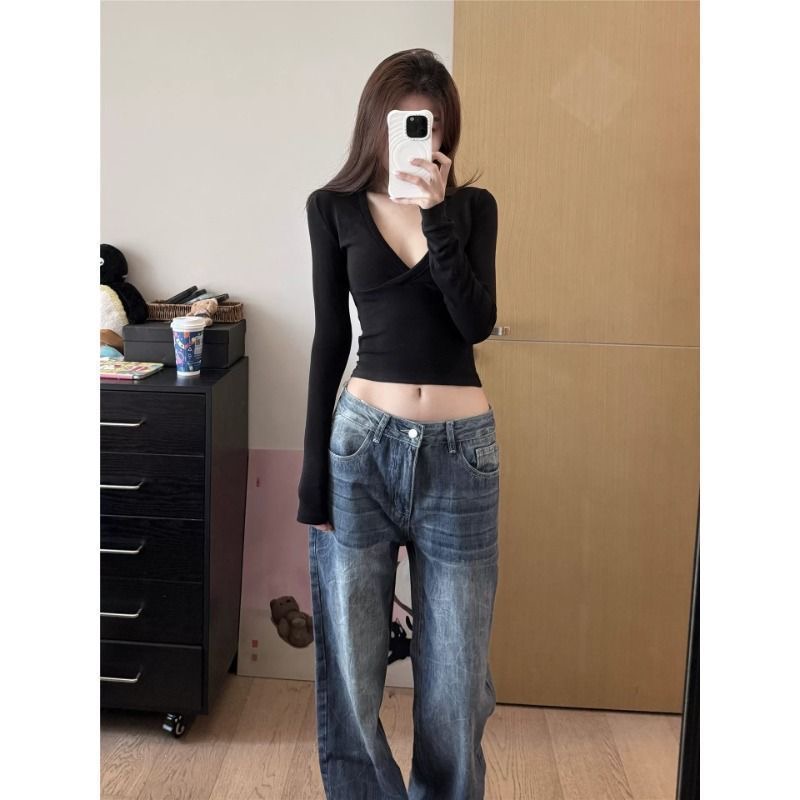 小個子美式復古小眾設計感闊腿牛仔褲女低腰寬松顯瘦直筒拖地長褲