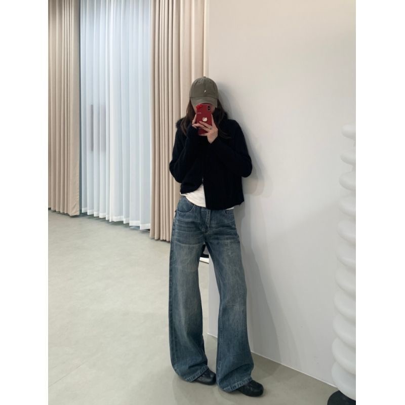 小個子美式復古小眾設計感闊腿牛仔褲女低腰寬松顯瘦直筒拖地長褲