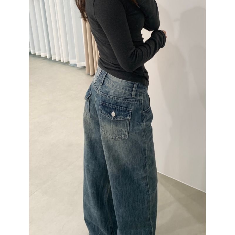 小個子美式復古小眾設計感闊腿牛仔褲女低腰寬松顯瘦直筒拖地長褲