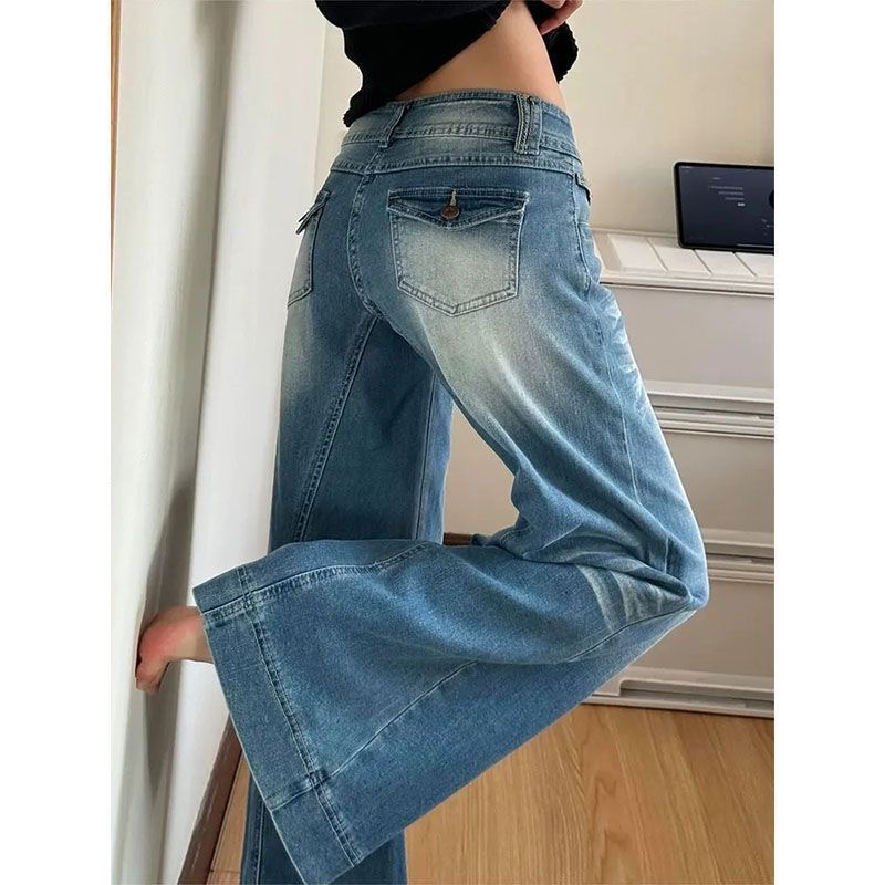 小個子美式辣妹水洗藍微喇闊腿牛仔褲女低腰寬松顯瘦喇叭拖地長褲