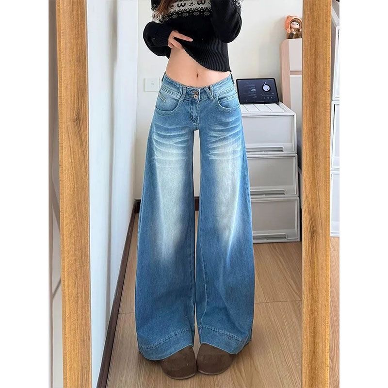 小個子美式辣妹水洗藍微喇闊腿牛仔褲女低腰寬松顯瘦喇叭拖地長褲
