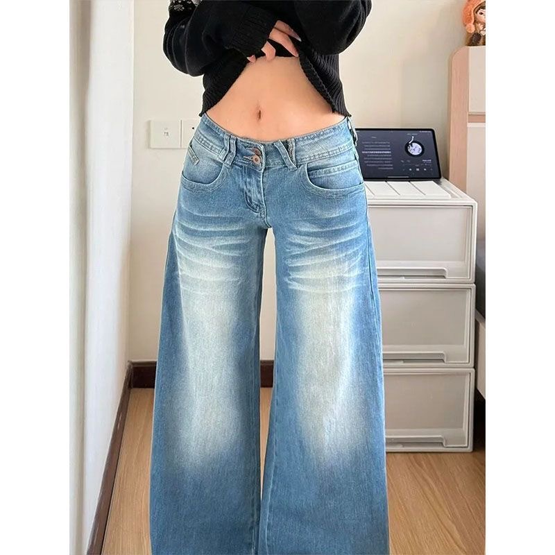 小個子美式辣妹水洗藍微喇闊腿牛仔褲女低腰寬松顯瘦喇叭拖地長褲