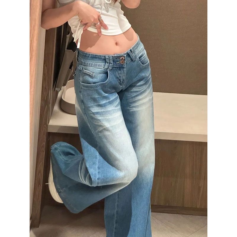 小個子美式辣妹水洗藍微喇闊腿牛仔褲女低腰寬松顯瘦喇叭拖地長褲