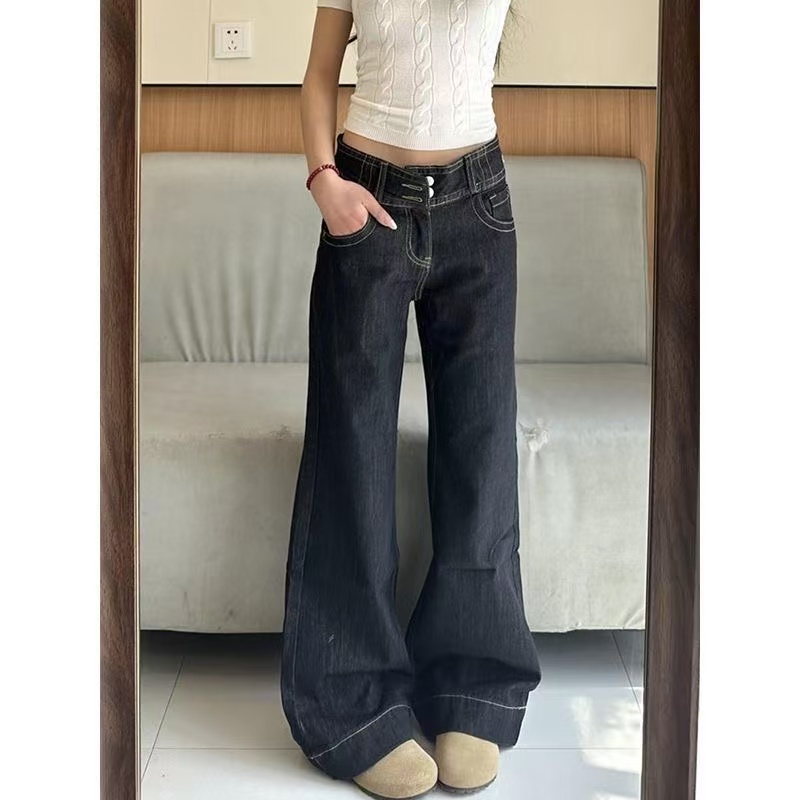 小個子美式小眾微喇闊腿牛仔褲女夏季低腰寬松百搭直筒喇叭褲