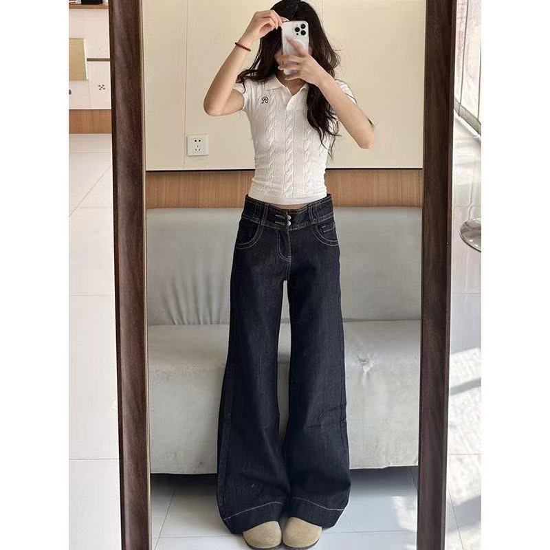 小個子美式小眾微喇闊腿牛仔褲女夏季低腰寬松百搭直筒喇叭褲
