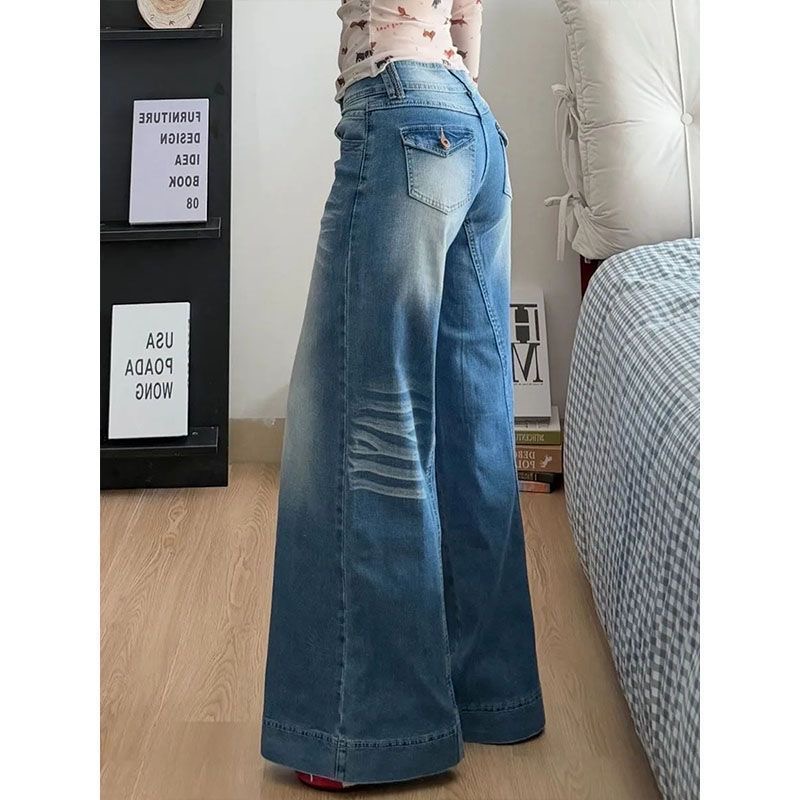 小個子美式辣妹水洗藍微喇闊腿牛仔褲女低腰寬松顯瘦喇叭拖地長褲