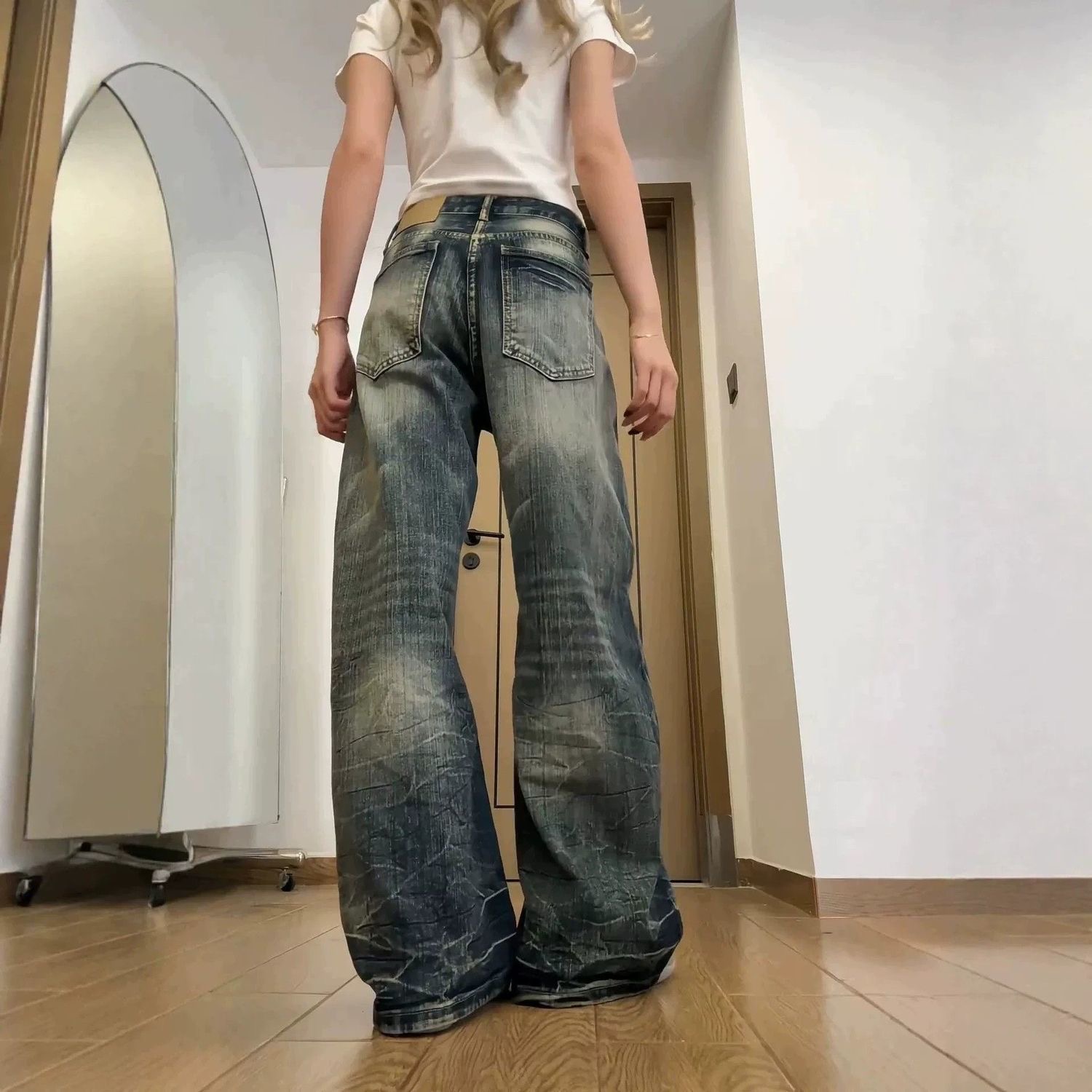 小個子美式高街復古水洗做舊牛仔褲女高腰寬松顯瘦闊腿彎刀褲