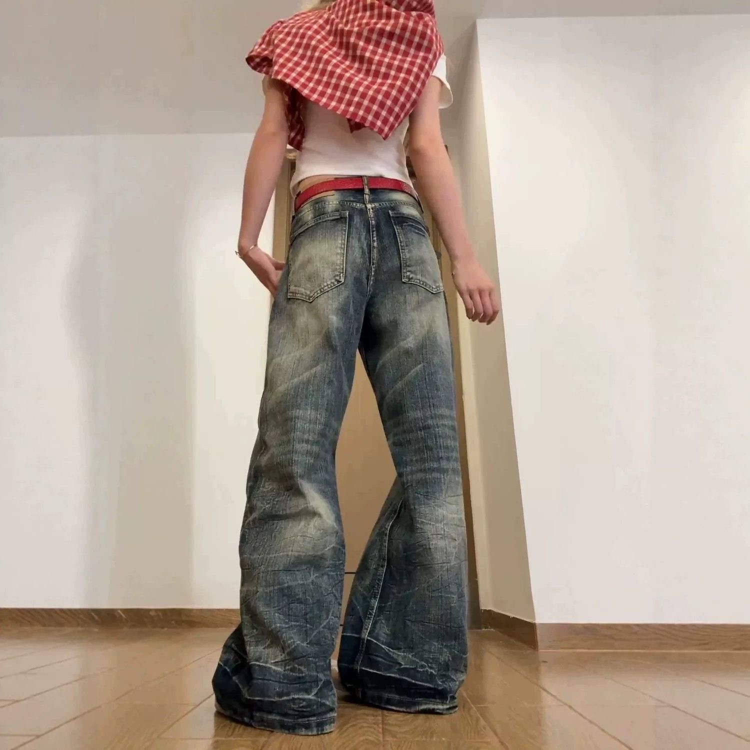 小個子美式高街復古水洗做舊牛仔褲女高腰寬松顯瘦闊腿彎刀褲