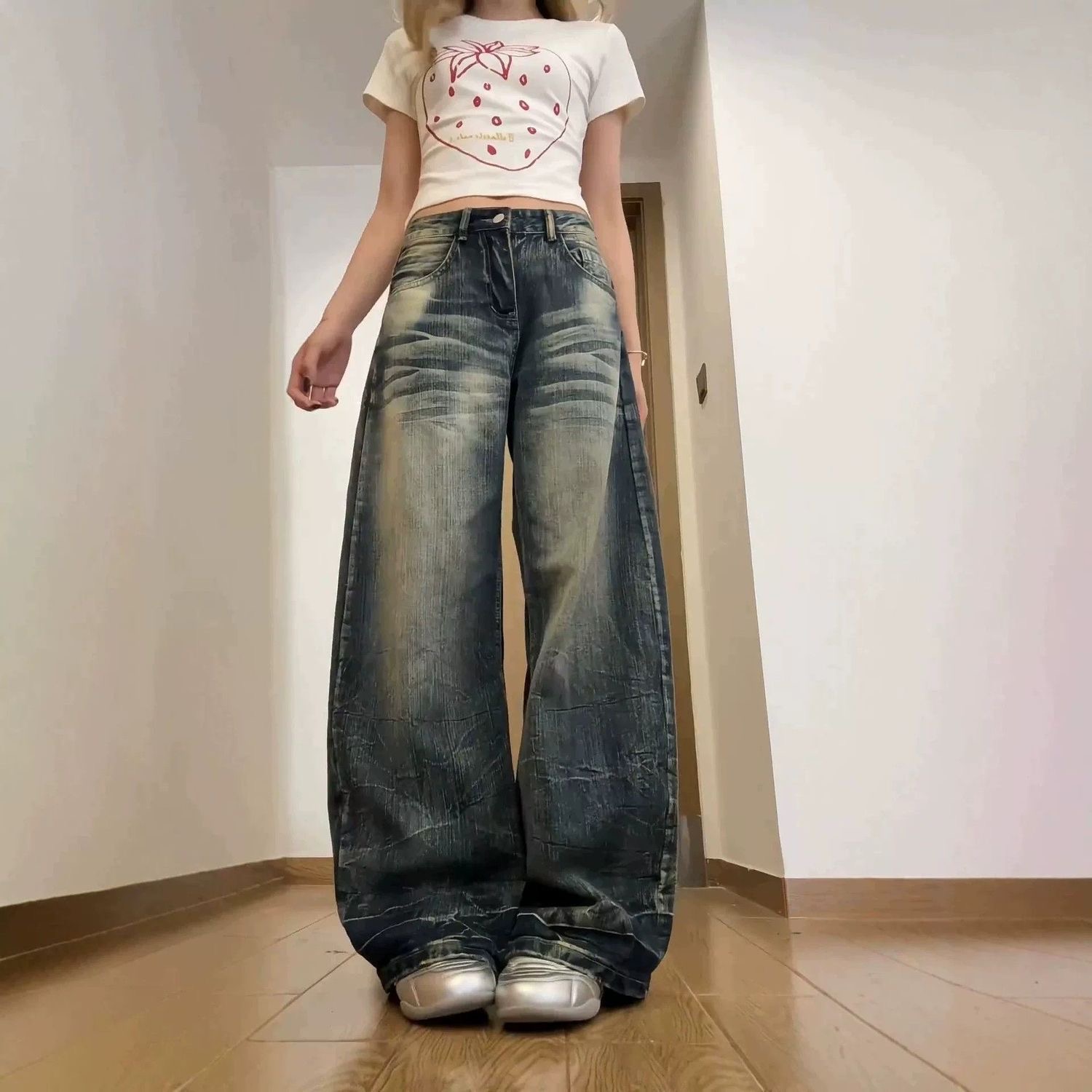 小個子美式高街復古水洗做舊牛仔褲女高腰寬松顯瘦闊腿彎刀褲